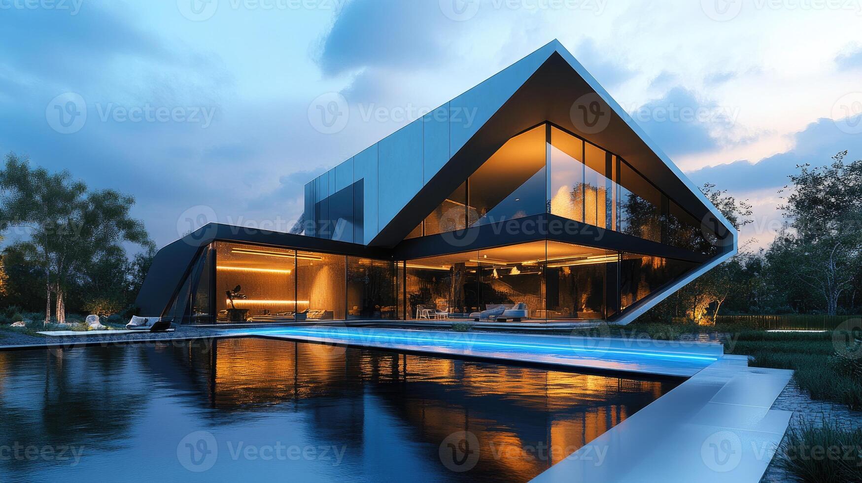 Modern geometric house with illuminated pool at dusk reflecting cloudy sky photo