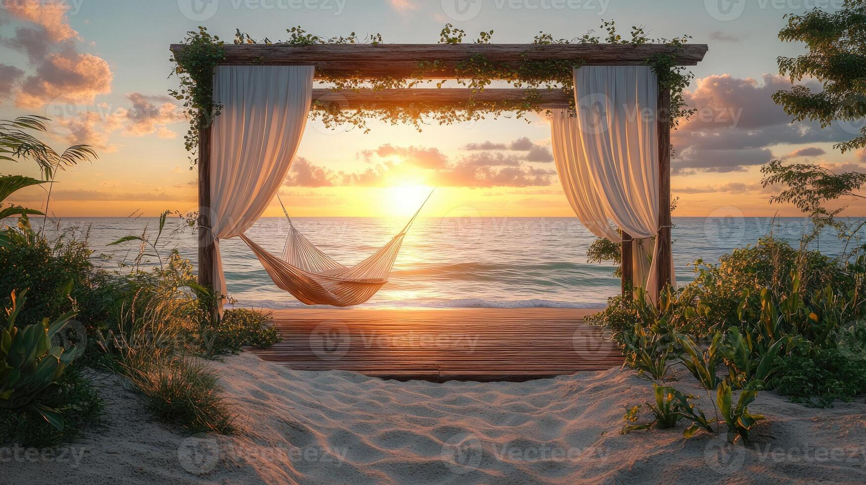 Hammock hanging on tropical beach at sunset under wooden frame with curtains photo