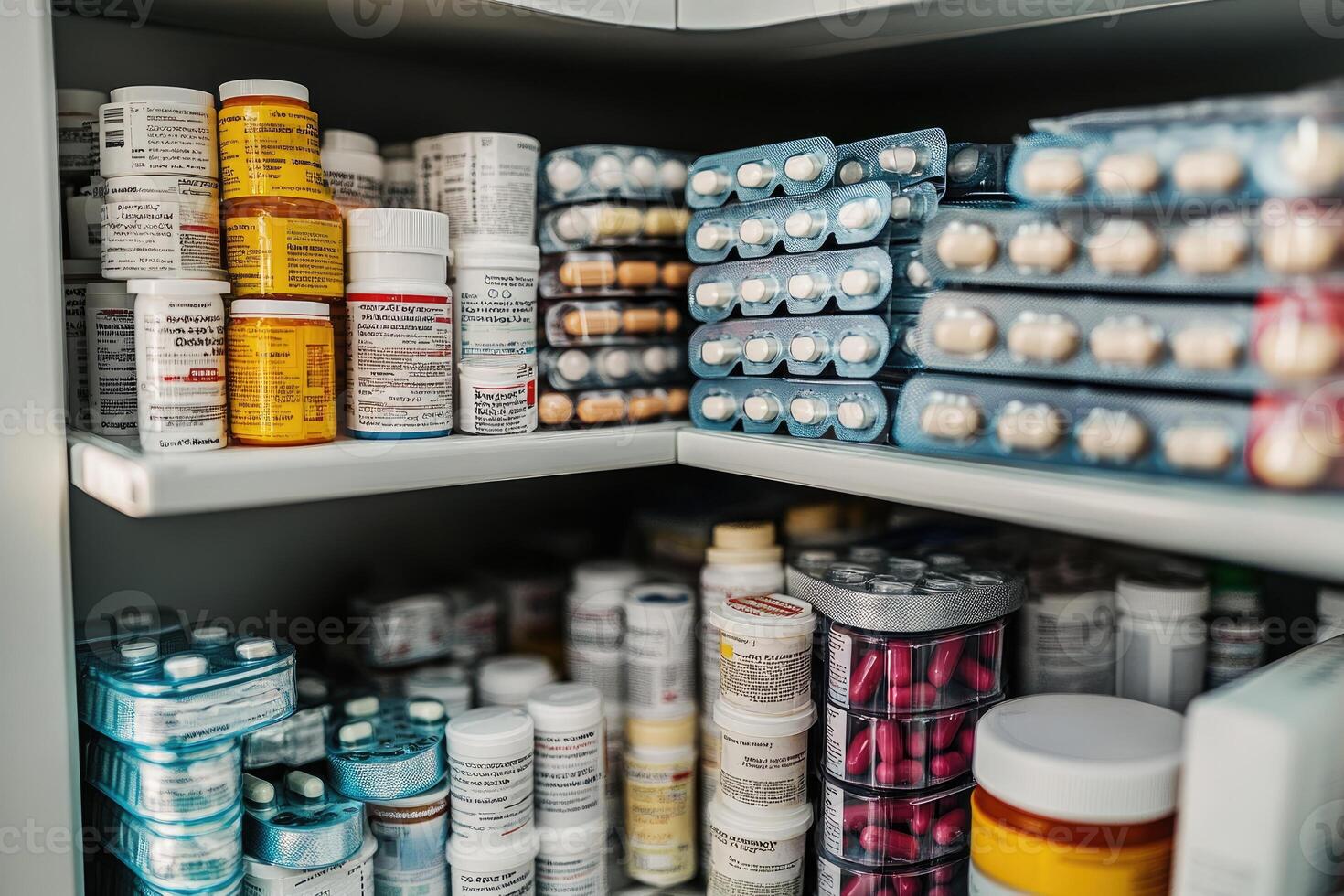 Organized medicine cabinet with various prescription bottles photo