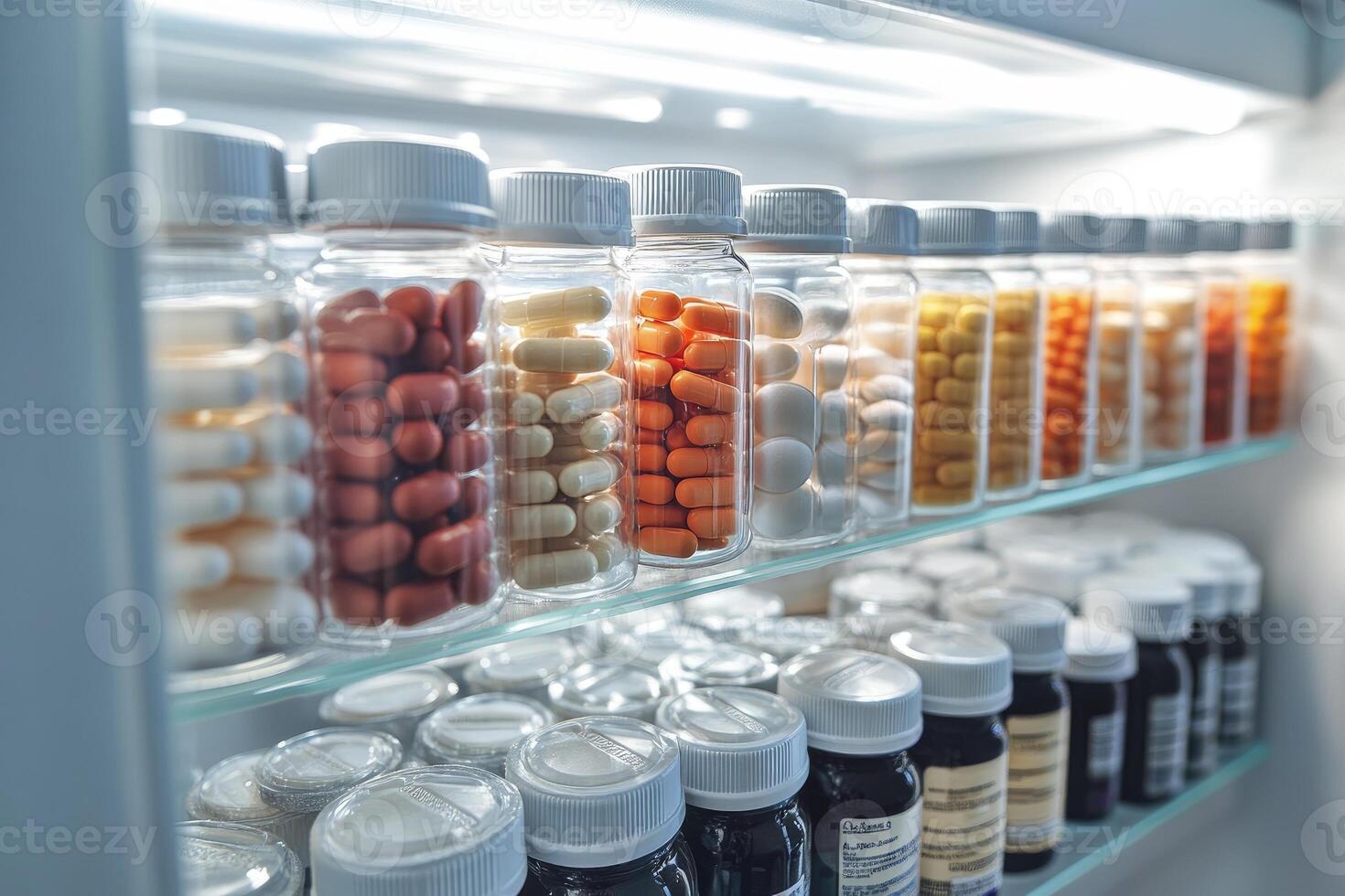 Various pills and capsules inside medicine cabinet storing drugs photo