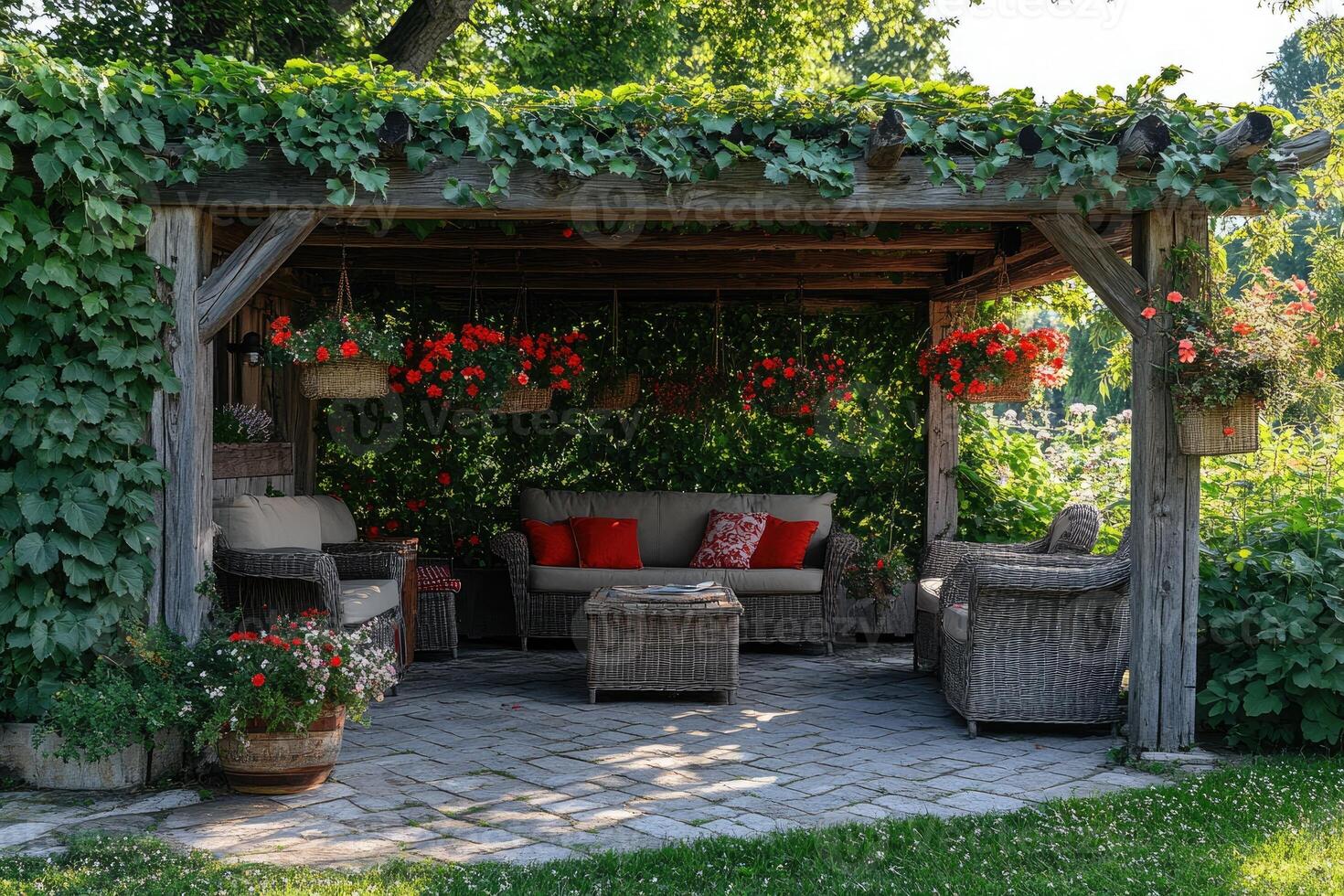 Cozy pergola providing shade in lush garden setting with comfortable furniture photo