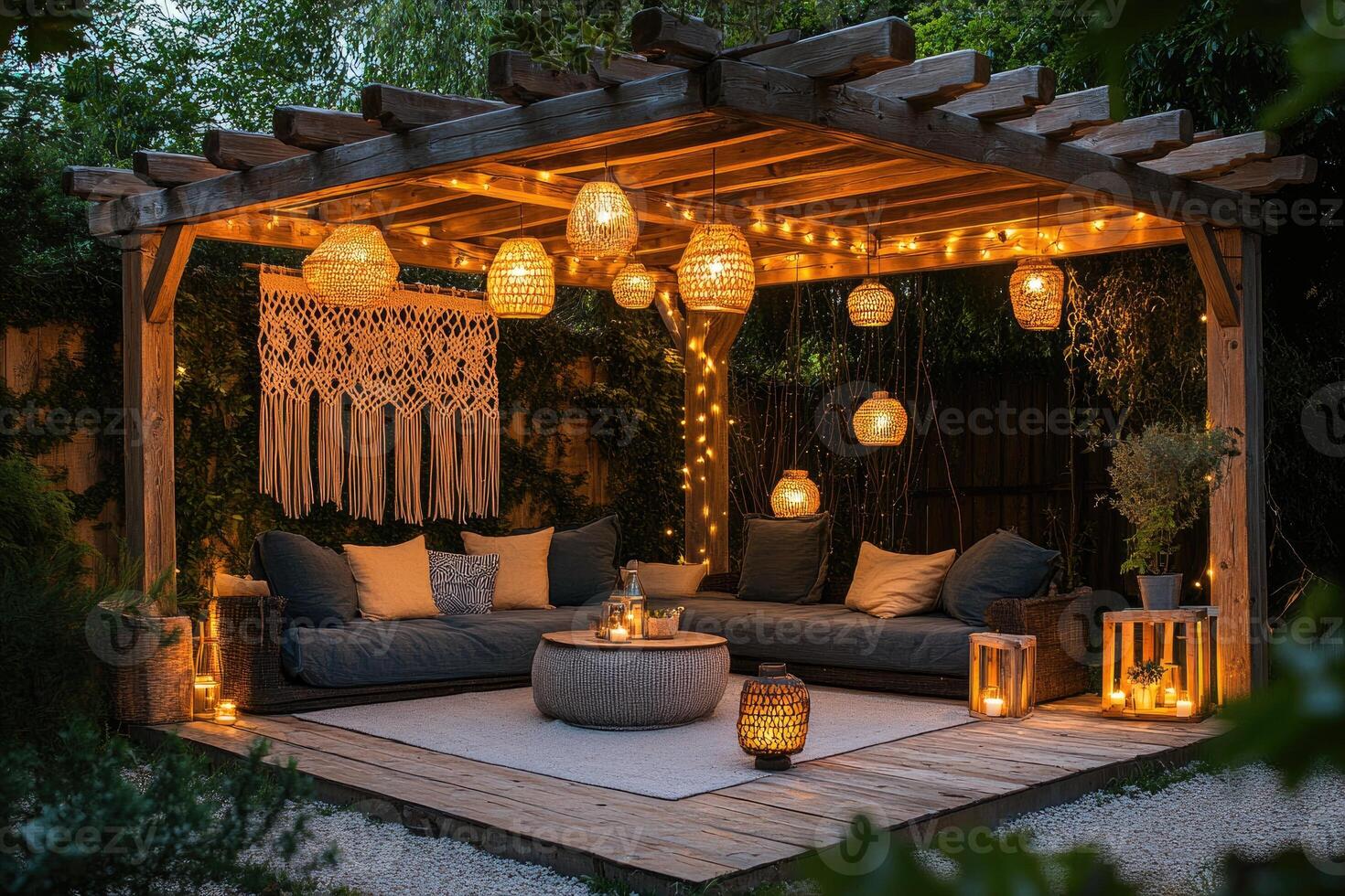 Cozy backyard patio illuminated with string lights and lanterns at dusk photo