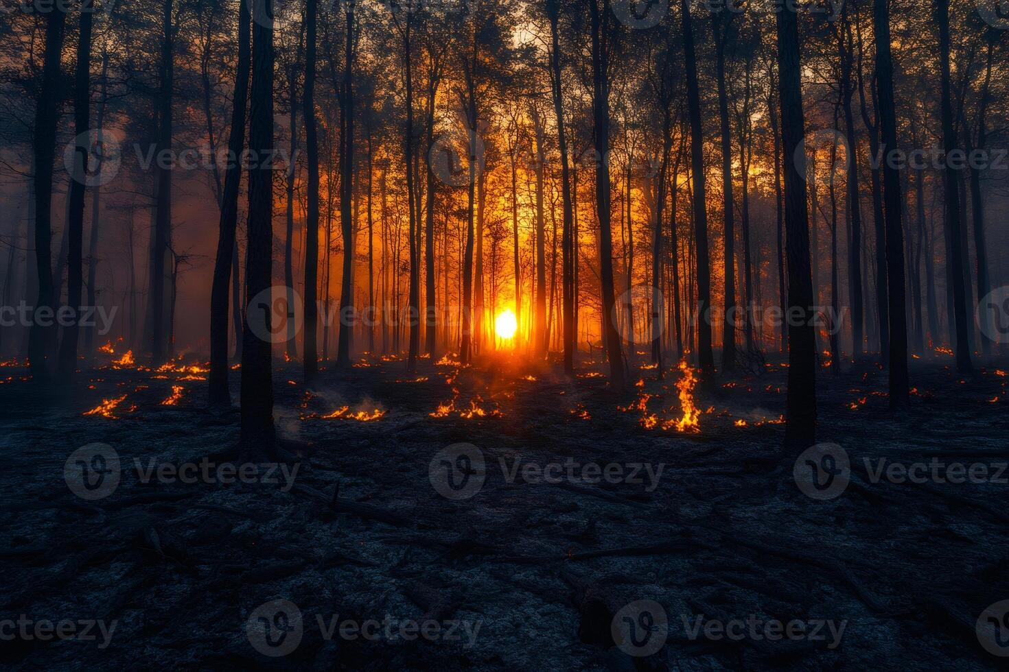 Forest fire burning at sunset creating a dramatic scene.. photo