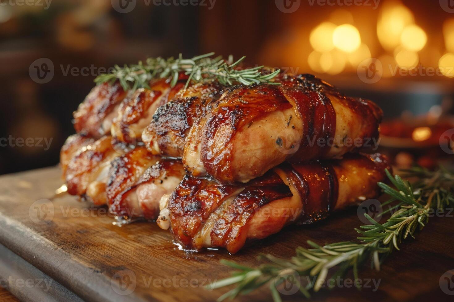 Delicious bacon wrapped chicken thighs with rosemary on wooden board in front of fireplace photo