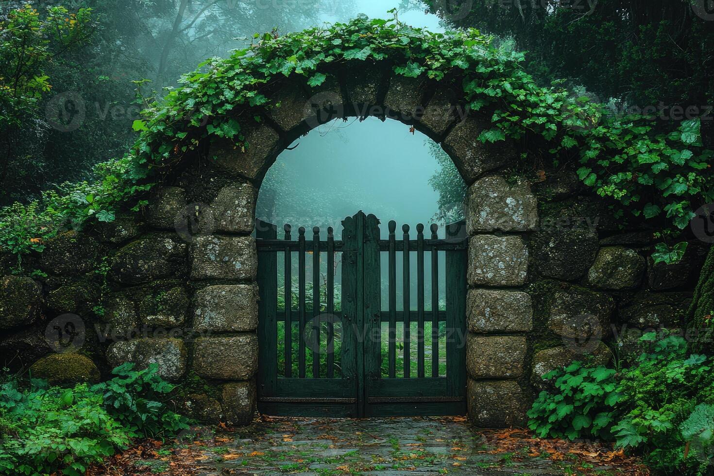 Enchanting stone archway leading to mystical garden photo