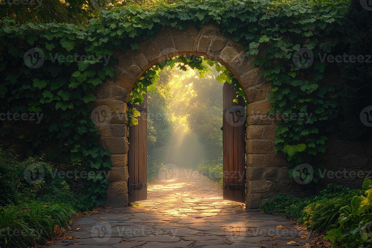 Sunlight illuminating a stone garden pathway photo