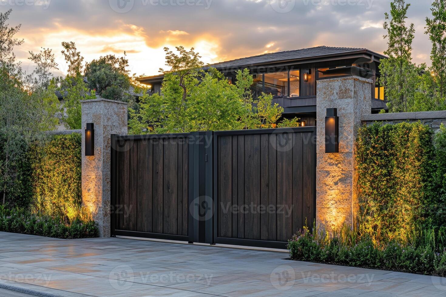 Elegant wooden gate with modern lighting at sunset photo