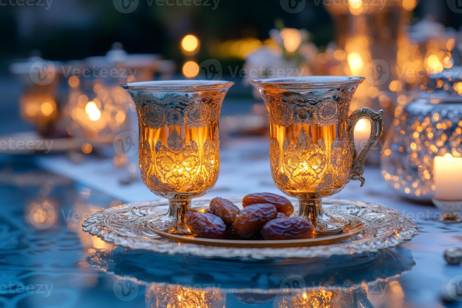 Ramadan still life with dates, teacups, and candles creating a warm atmosphere photo