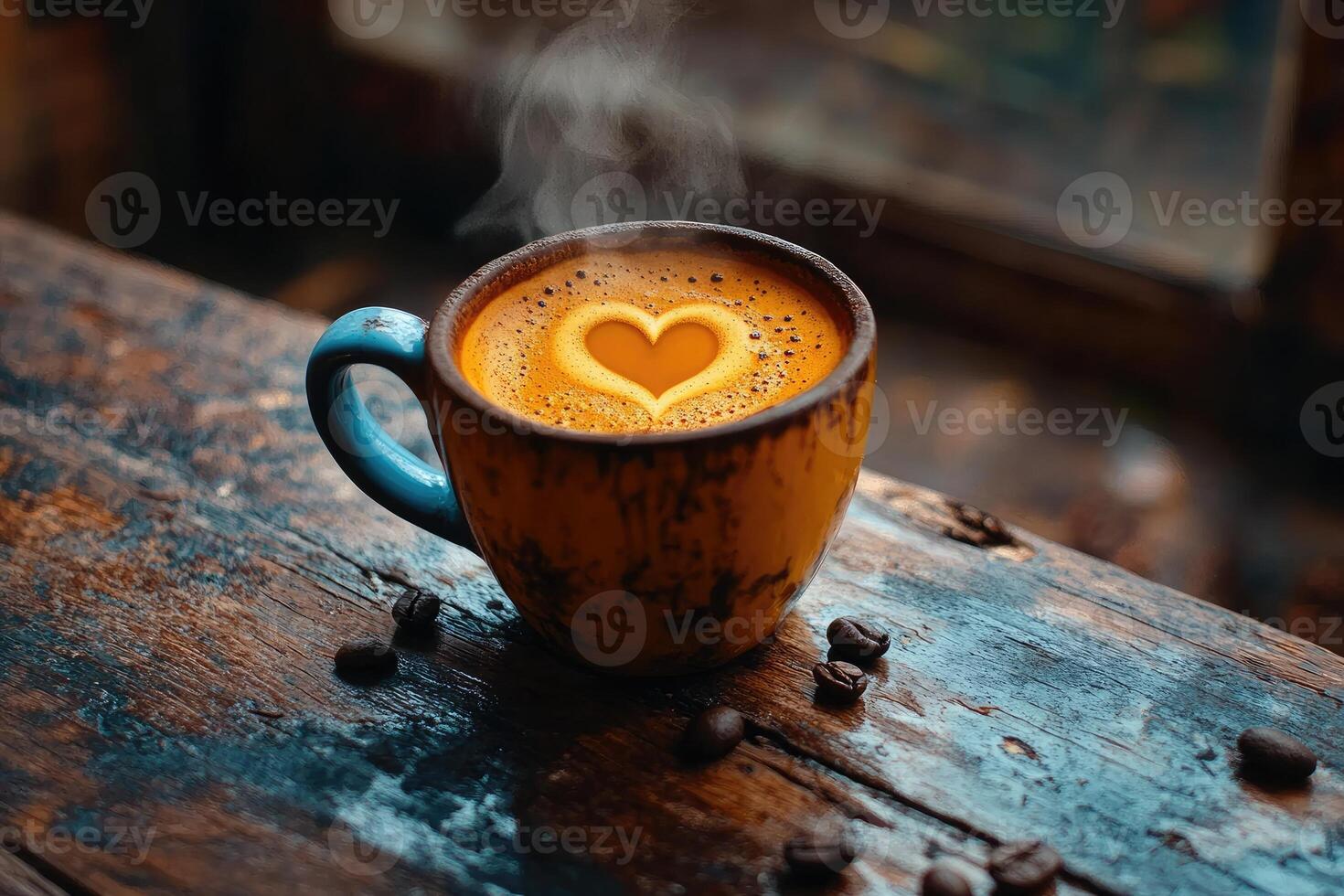 Hot coffee with heart art on a wooden table photo