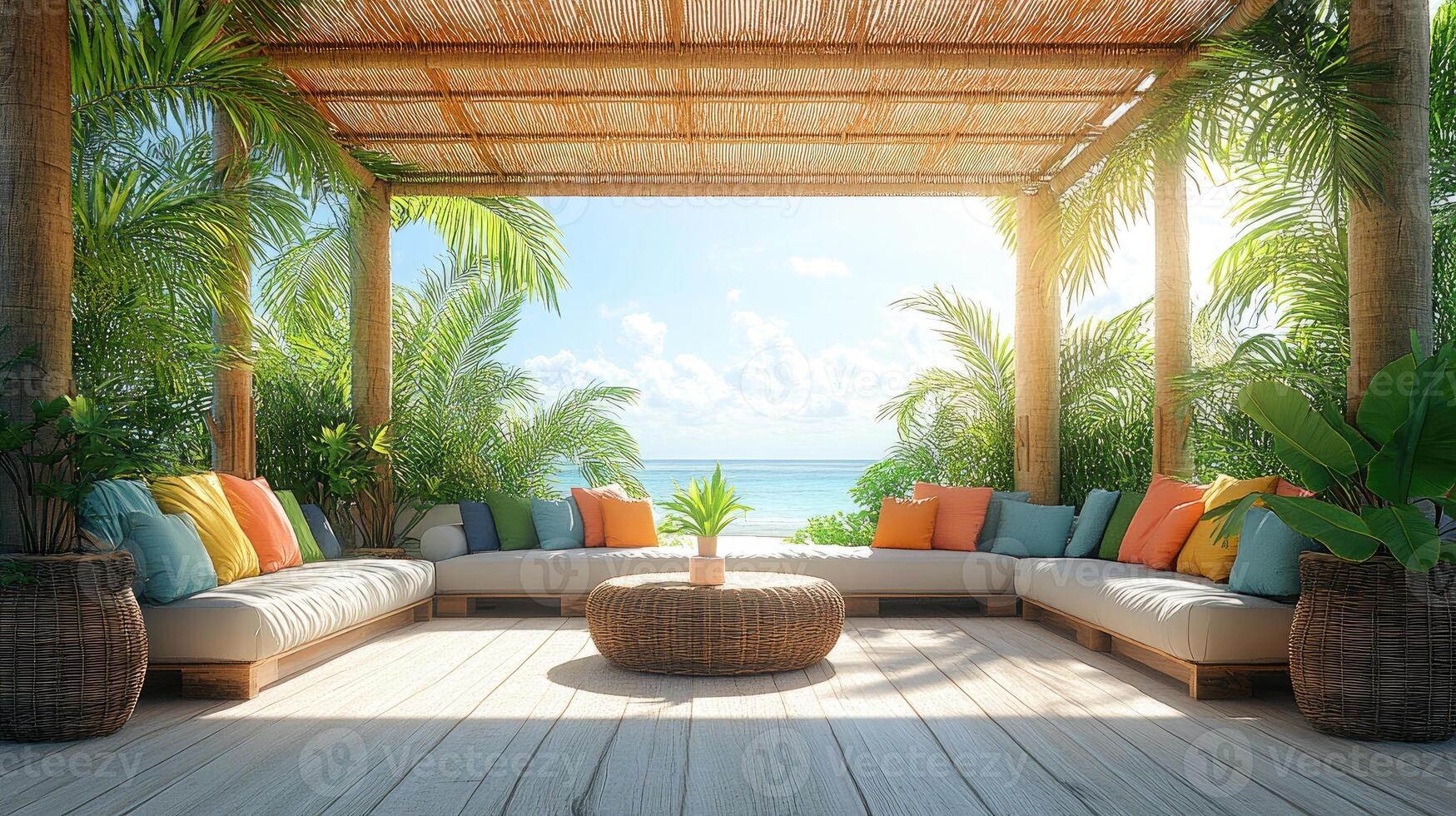 Relaxing beach lounge area overlooking tropical ocean with colorful pillows photo