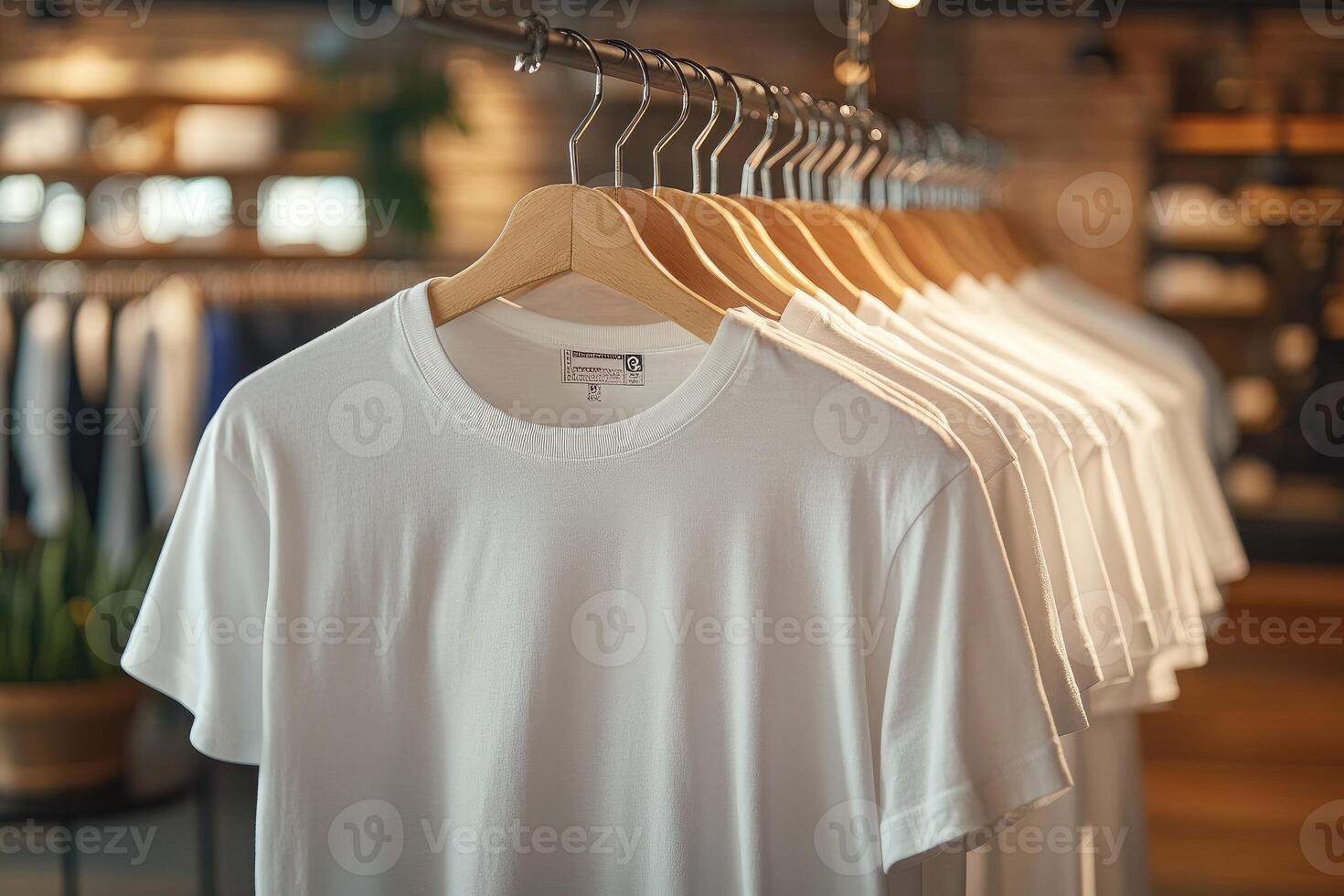 Row of white t shirts hanging in a store display.. photo