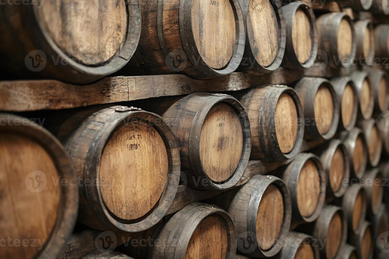 Wine cellar with wooden barrels aging showing the concept of winemaking tradition photo