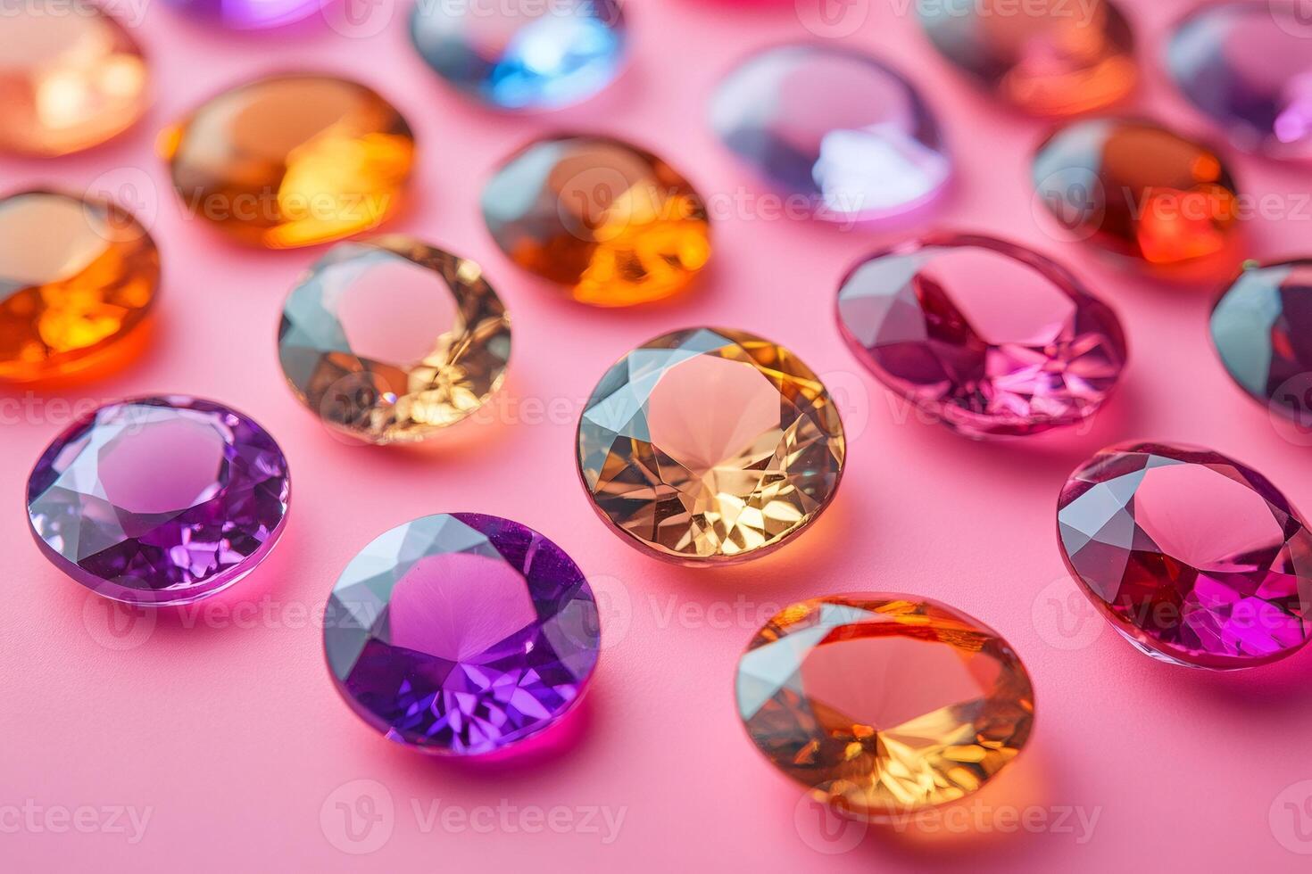 Colorful gemstones sparkling on pink background, collection of jewels creating luxurious display photo