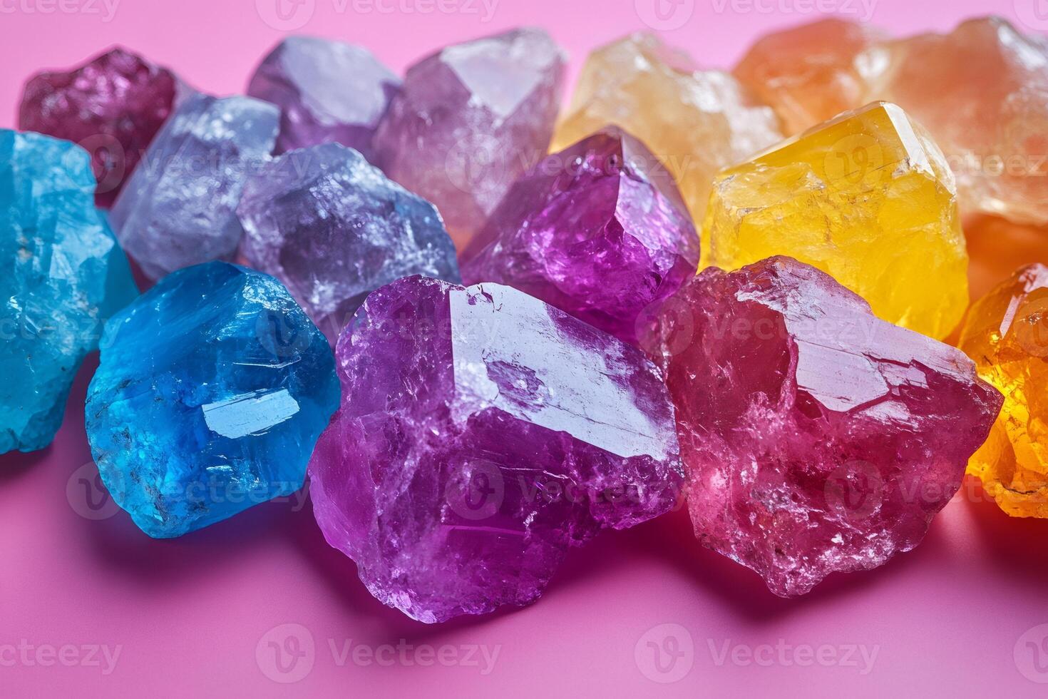 Colorful crystals showing variety of shapes and colors on pink background photo