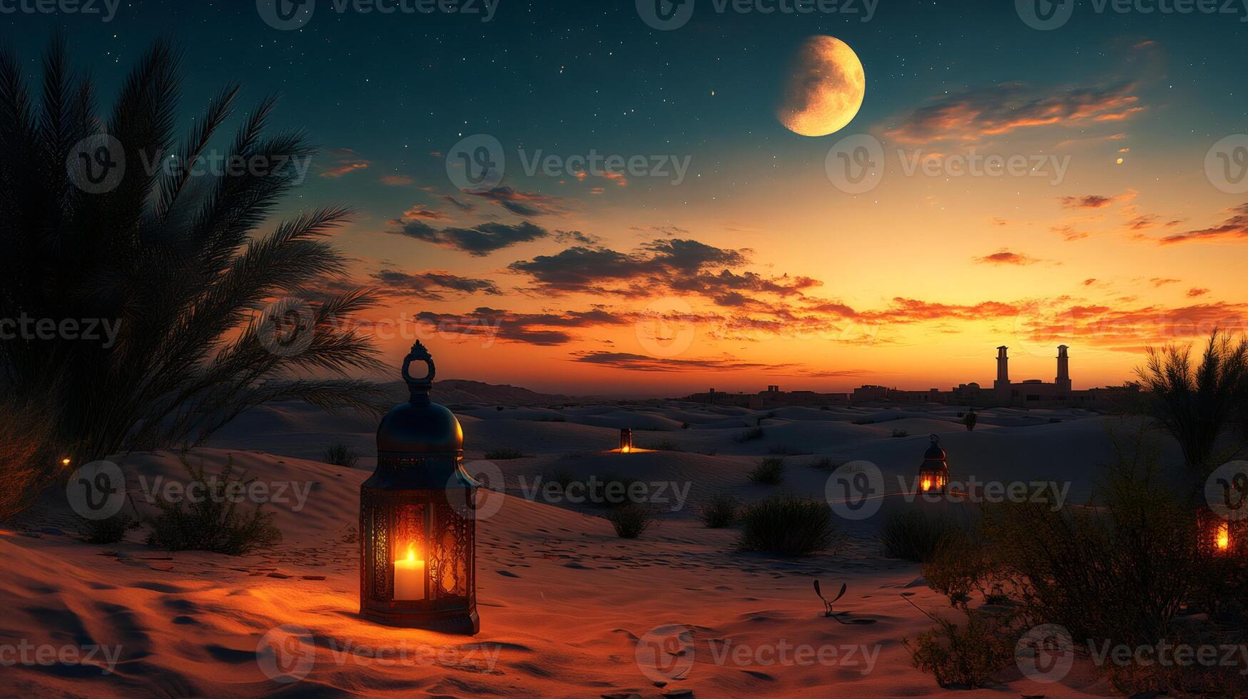 Lanterns illuminating the desert landscape at sunset under crescent moon photo