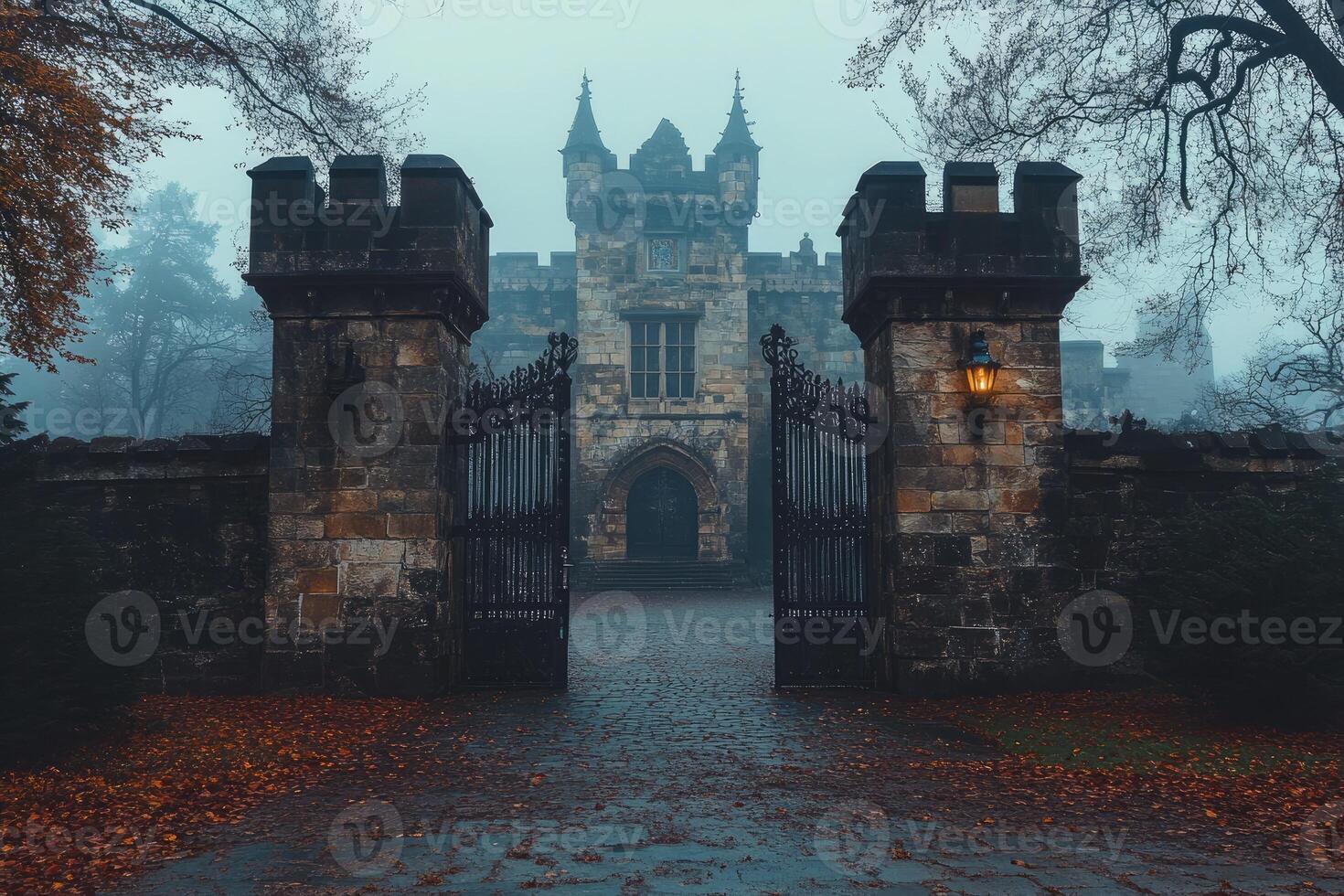 Open gate of a gothic castle during a foggy autumn evening photo
