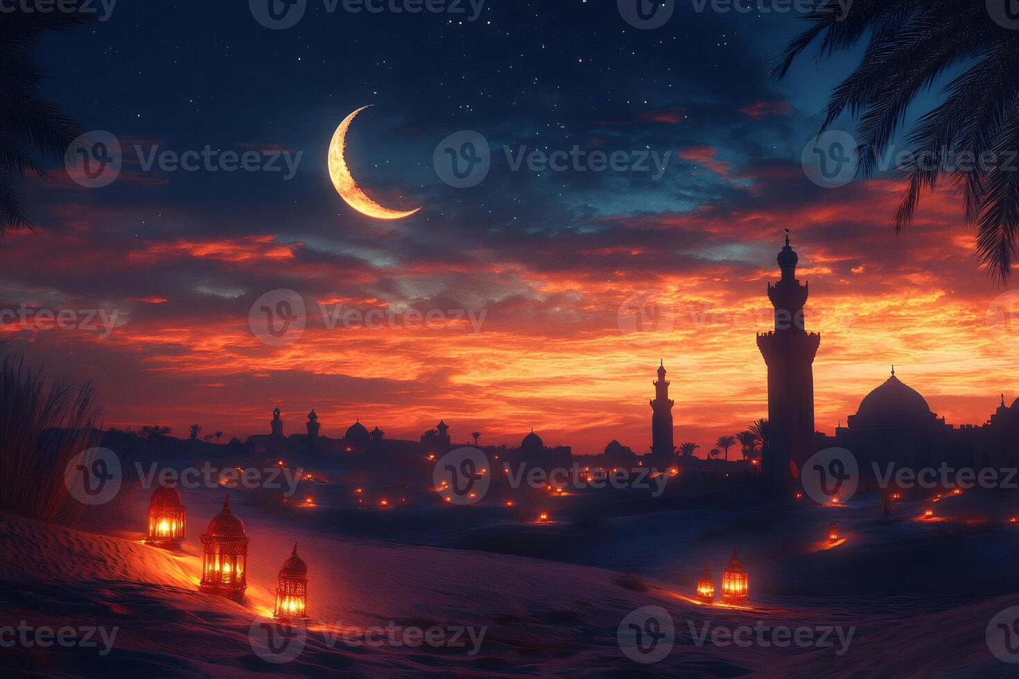 Crescent moon illuminating desert city at sunset with lanterns in the foreground photo