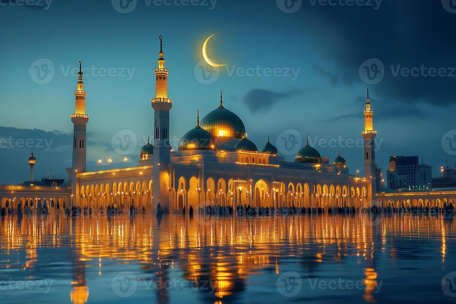 Crescent moon shining over illuminated mosque reflecting in water at dusk photo