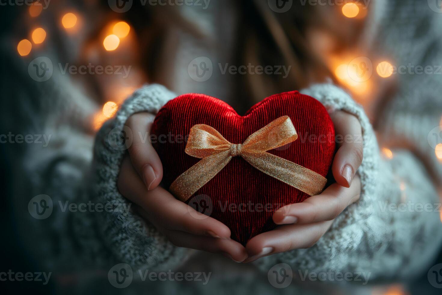 Woman holding red heart with golden bow in hands, showing love and affection photo