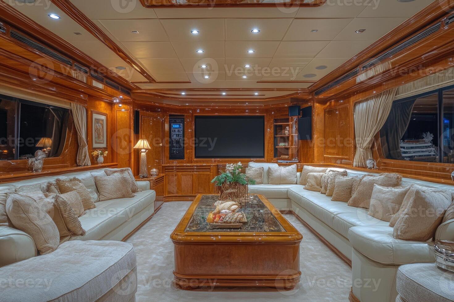 Luxurious yacht interior featuring comfortable seating and entertainment system photo
