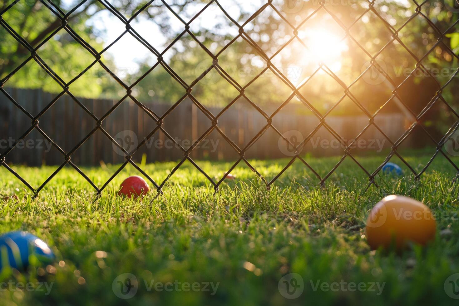 Colorful easter eggs lying on grass behind chain link fence at sunset photo