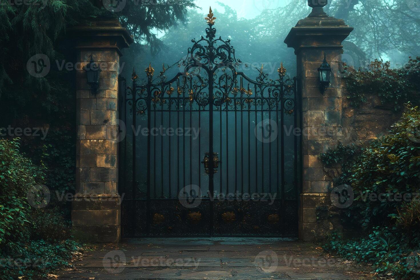 Wrought iron gate protecting a mysterious foggy estate photo
