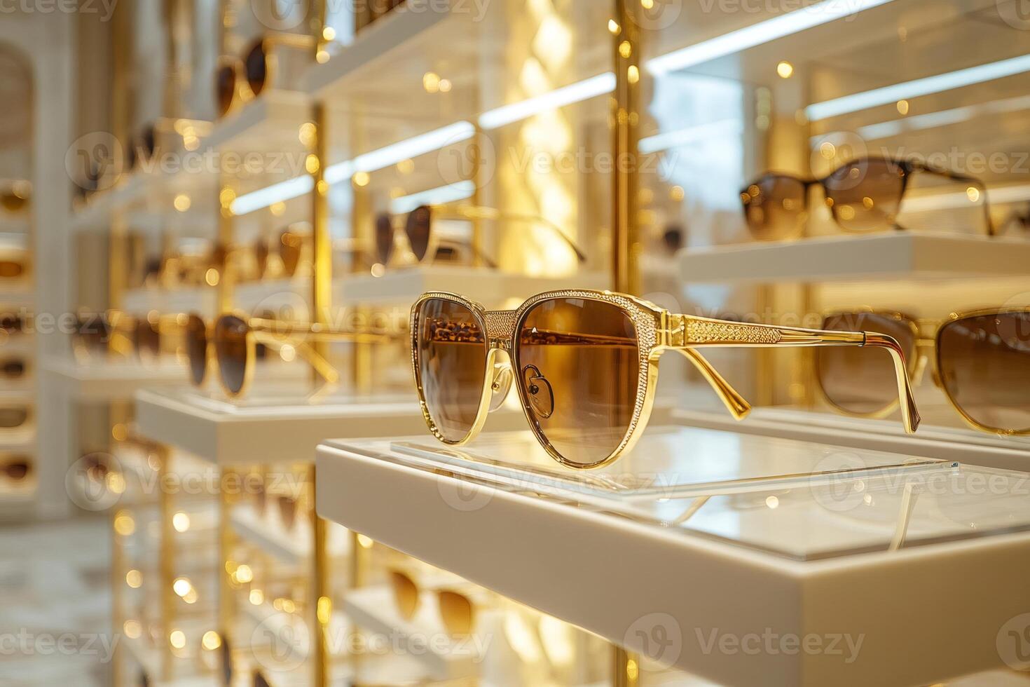 Golden sunglasses shining on display shelf in luxury boutique photo