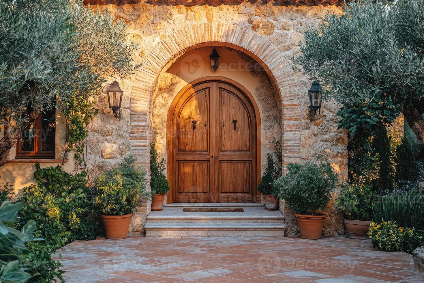 Elegant wooden door inviting guests into rustic stone house photo