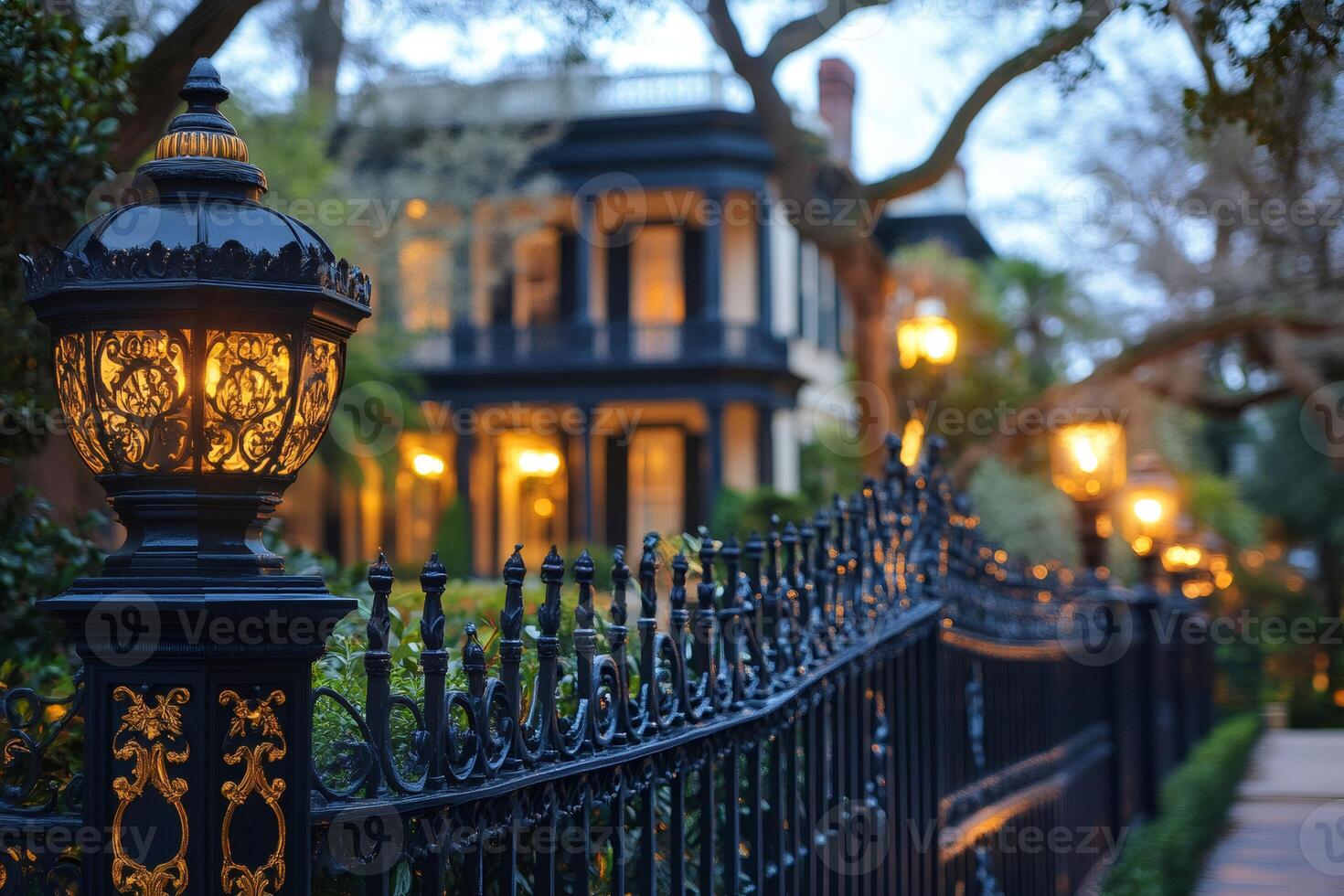 Ornate wrought iron fence and street lamp illuminating historic home at twilight photo