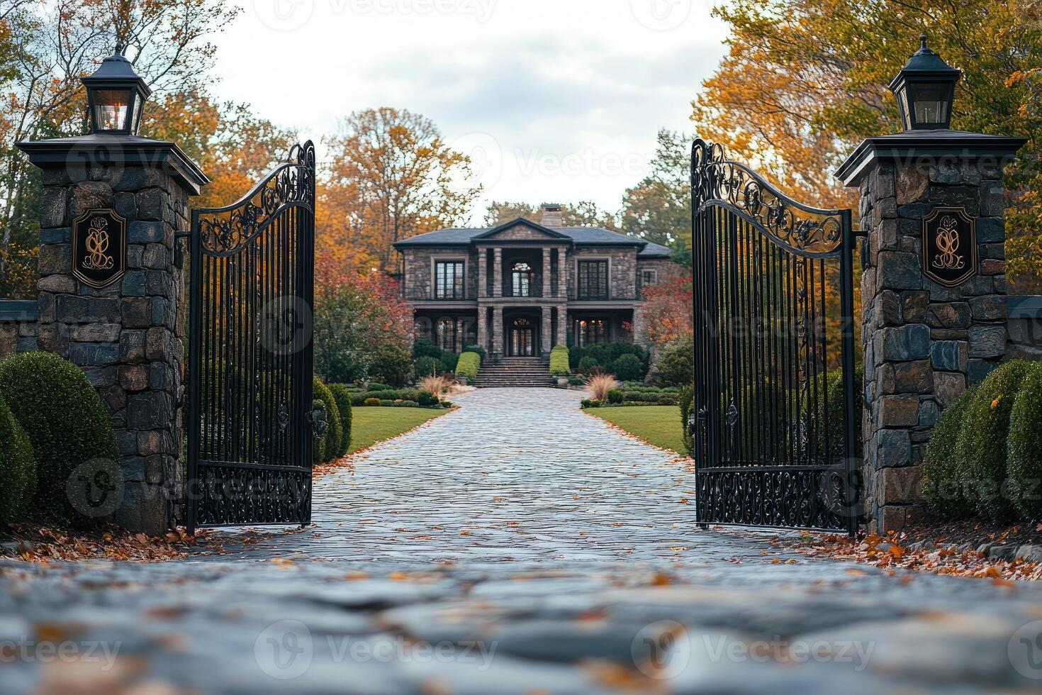 Luxury mansion behind open gates during autumn season photo