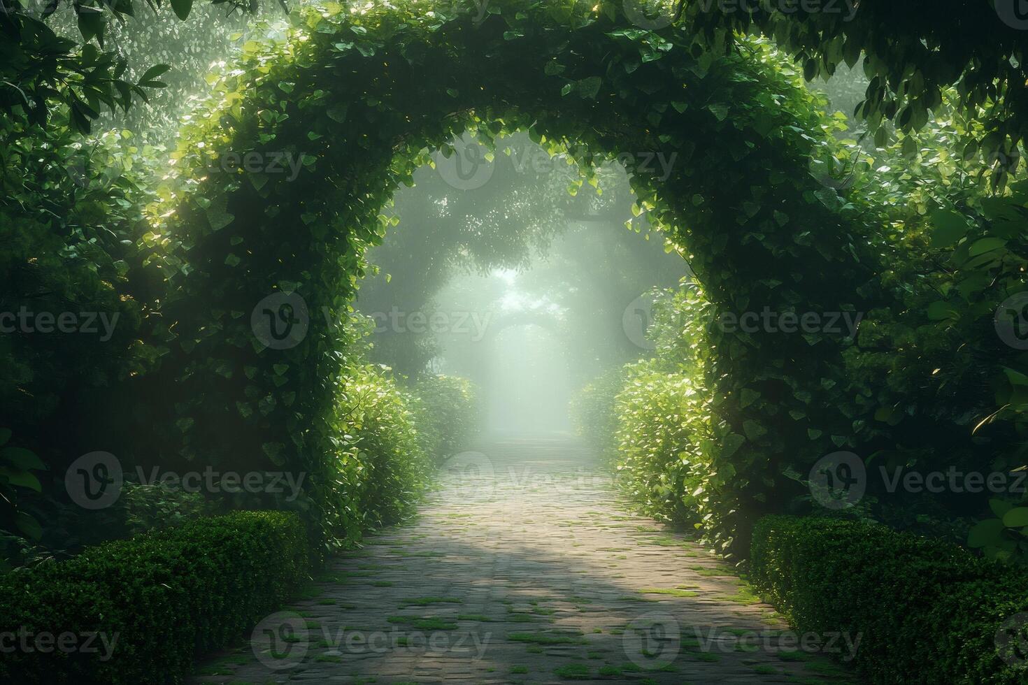 Ivy archway covering brick path in lush green garden photo