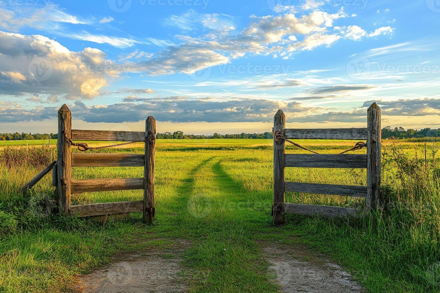 Open wooden gate leading to green field under cloudy sky photo