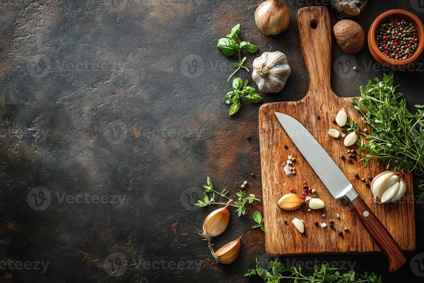 Food background with herbs, spices, garlic and knife on rustic cutting board photo