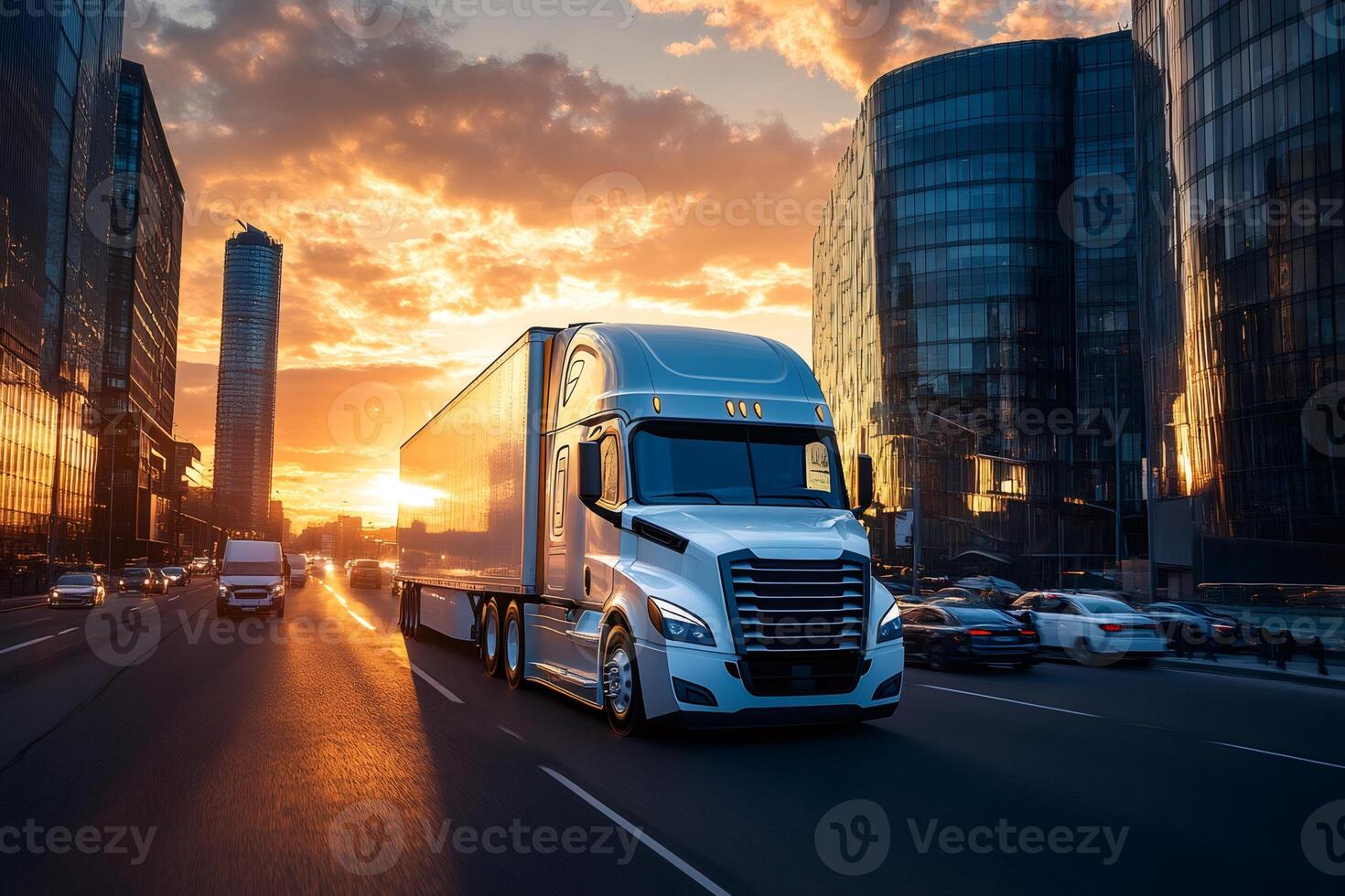 White semi truck driving on a city highway at sunset photo