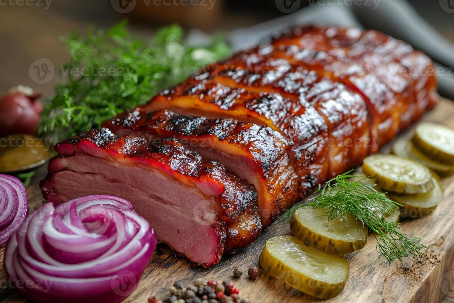 Sliced glazed bbq ribs lying on wooden cutting board with pickles and red onions photo