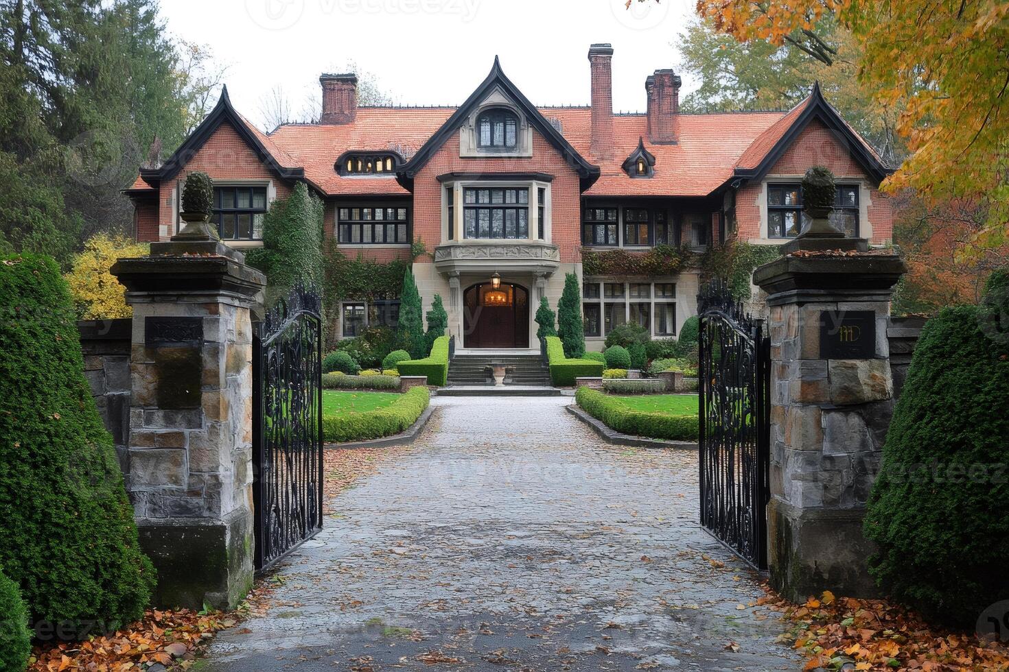 Large upscale house with driveway and open gates during fall season photo