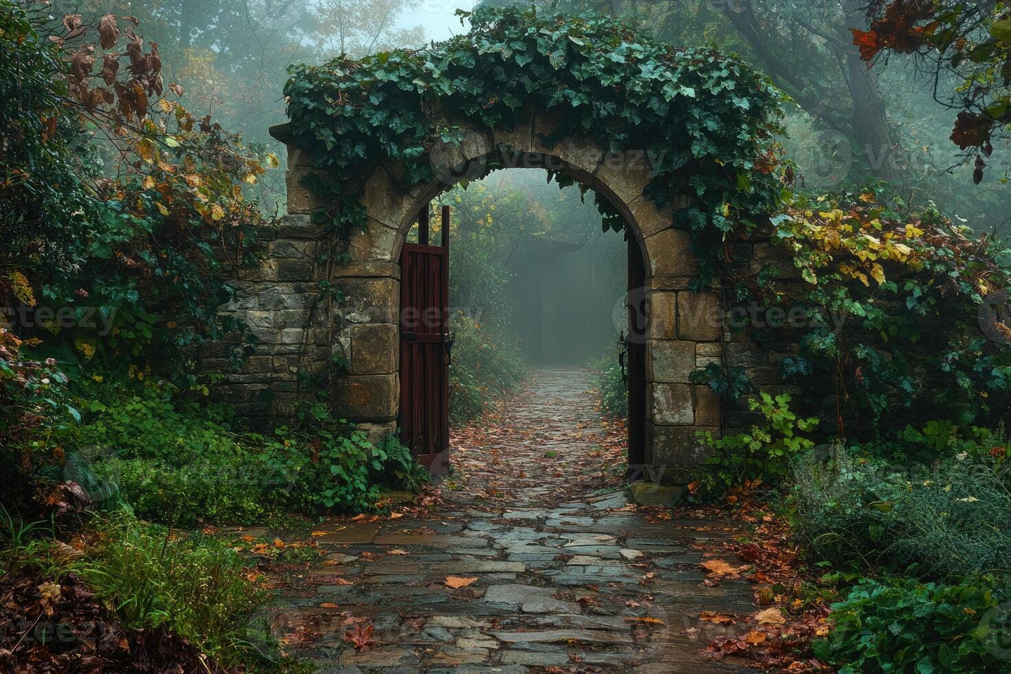 Enchanting stone archway leading to a misty garden photo