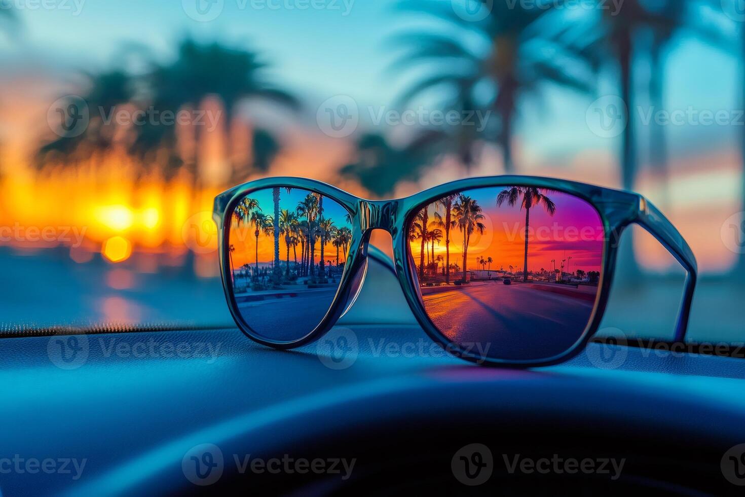 Sunglasses reflecting palm trees and sunset on car dashboard photo