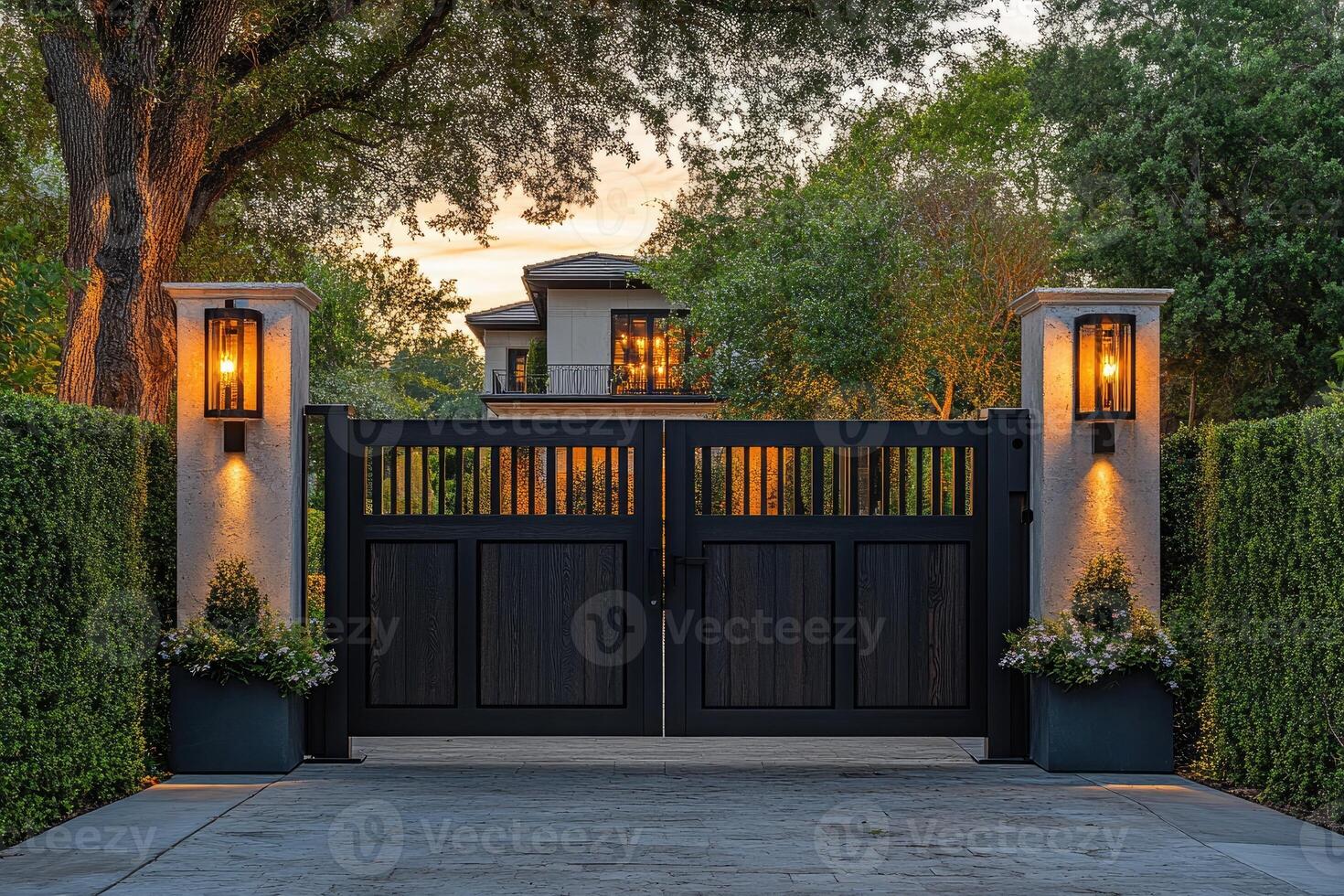 Elegant iron gate with illuminated pillars at sunset photo