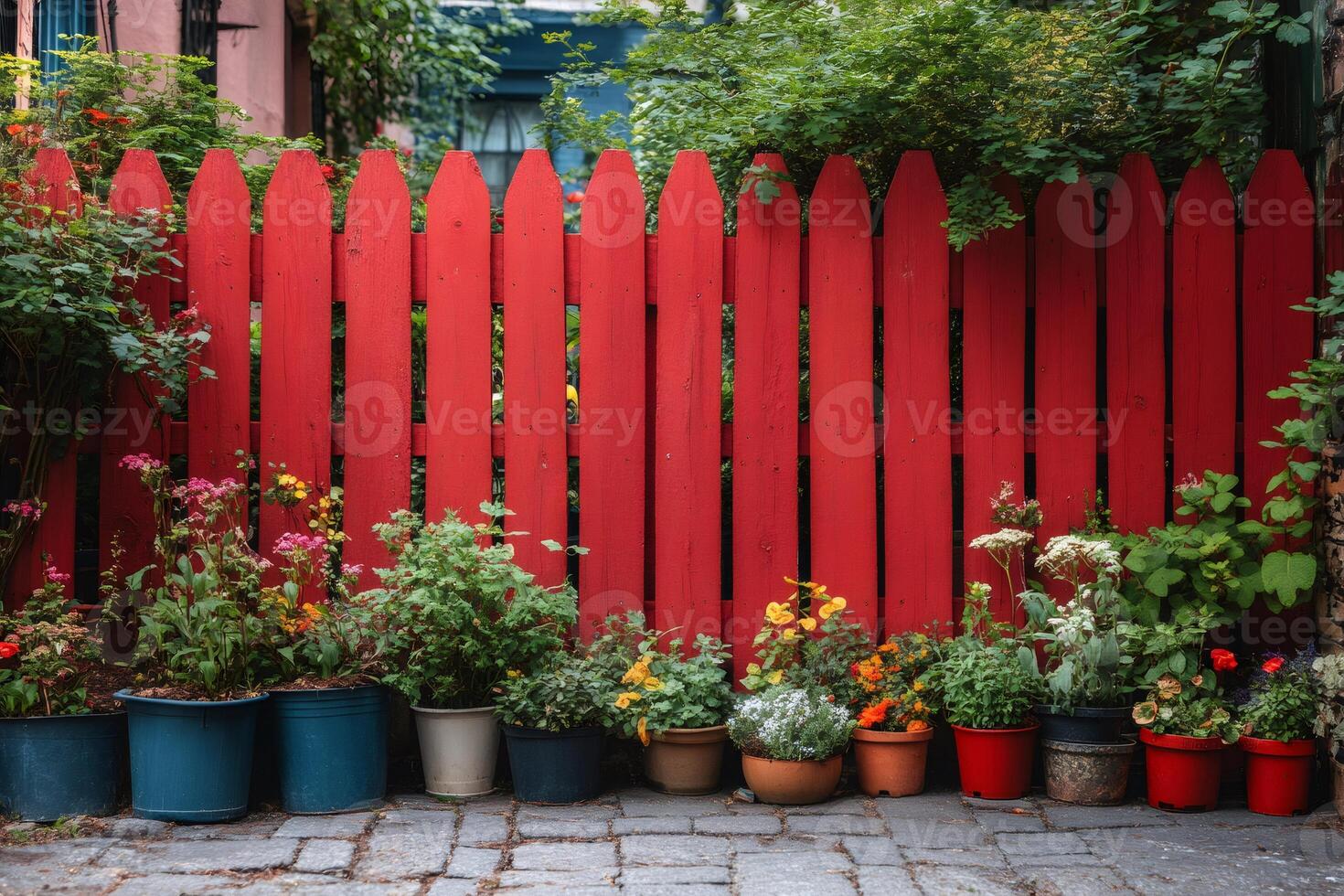 Red picket fence protecting beautiful blooming flowers in pots photo