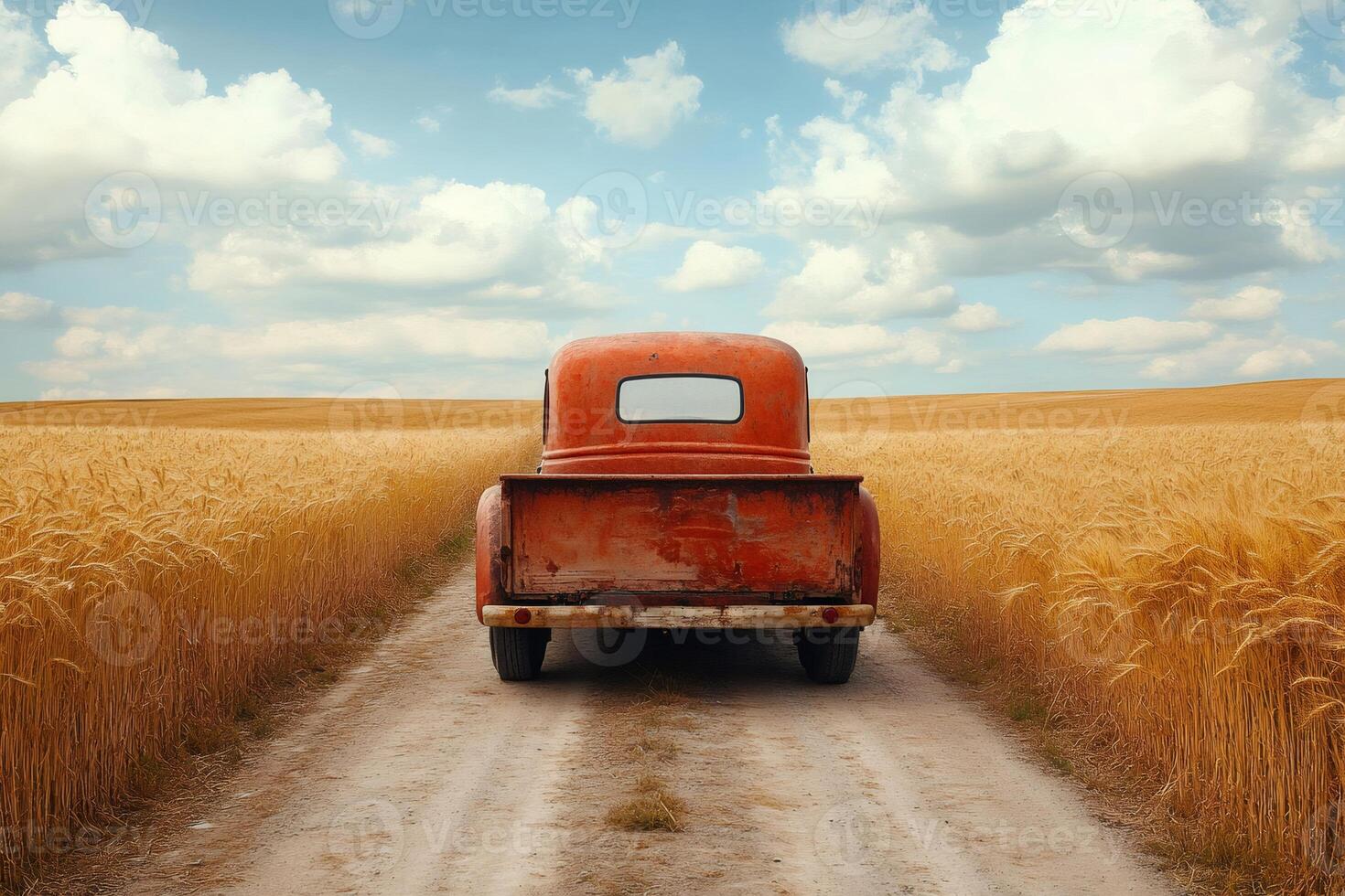 Old red pickup truck driving through golden wheat field on sunny day photo