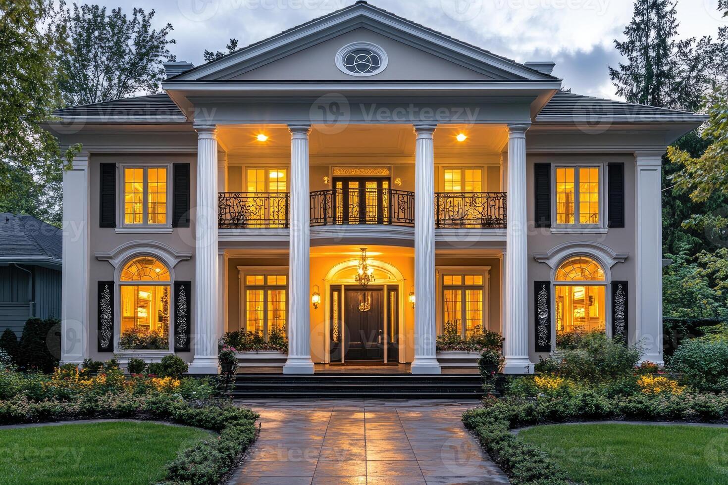 Luxurious colonial style home exterior at twilight with illuminated interior photo