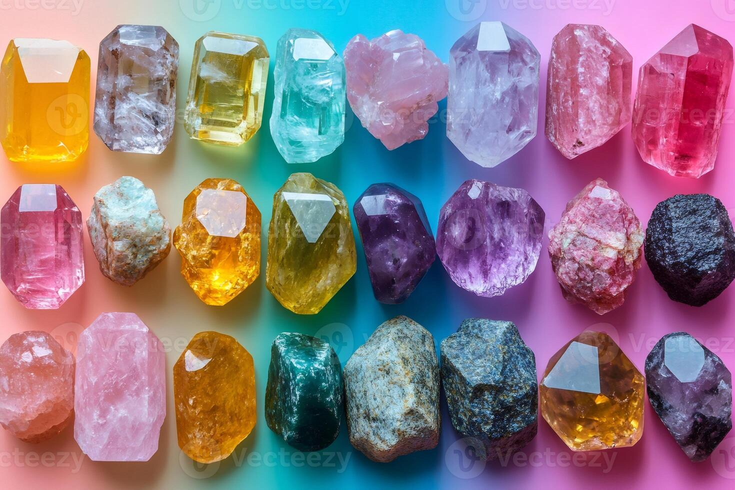 Colorful crystal collection displayed on rainbow background photo