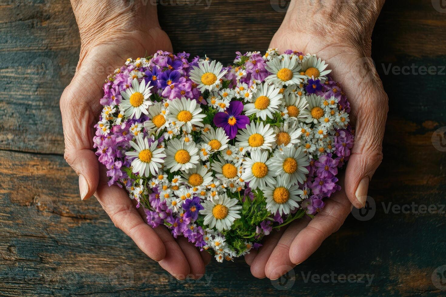 Senior woman holding heart shaped bouquet of daisies and violets photo