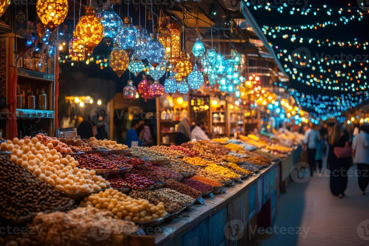 Colorful spices and dried fruits displayed at night market with hanging lanterns photo