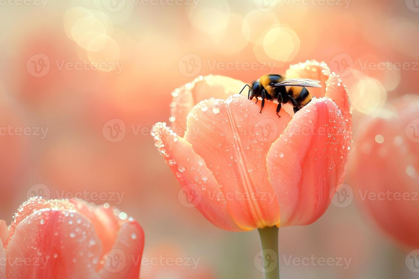 Bumblebee pollinating blooming peach tulip in spring garden with dew drops photo