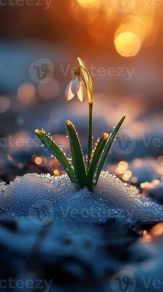 Snowdrop flower blooming in winter snow at sunset photo