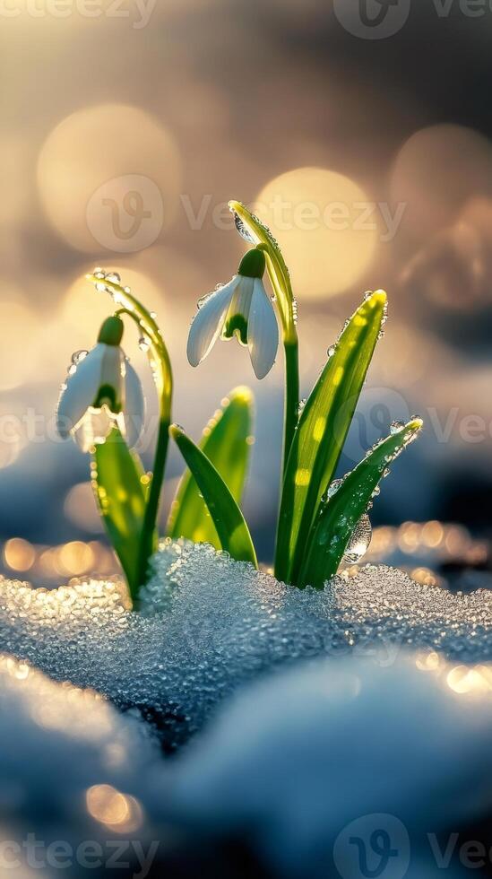 Snowdrops emerging from melting snow at sunset announcing spring arrival photo