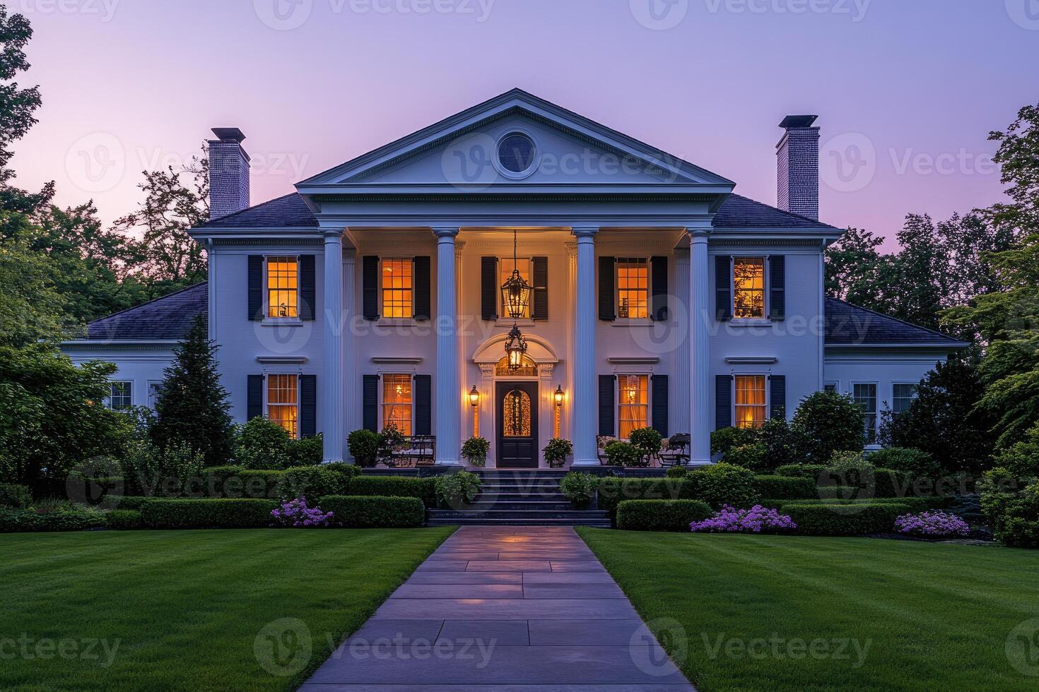 Luxurious colonial house with illuminated windows at dusk photo