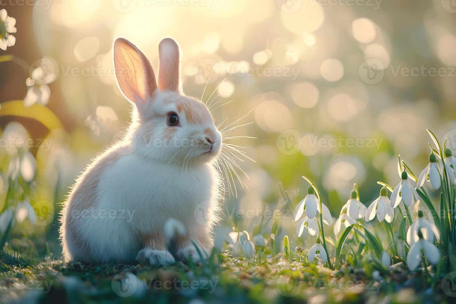 Lovely baby rabbit exploring spring meadow at sunset photo